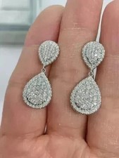 2Ct Round Cut Real Moissanite Cluster Teardrop Earrings 14k White Gold Plated