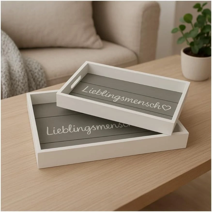 2er-Set Holztablett Weiß/Grau – Rechteckige Dekotablett Kerzentablett Tablett - Bild 3 von 4