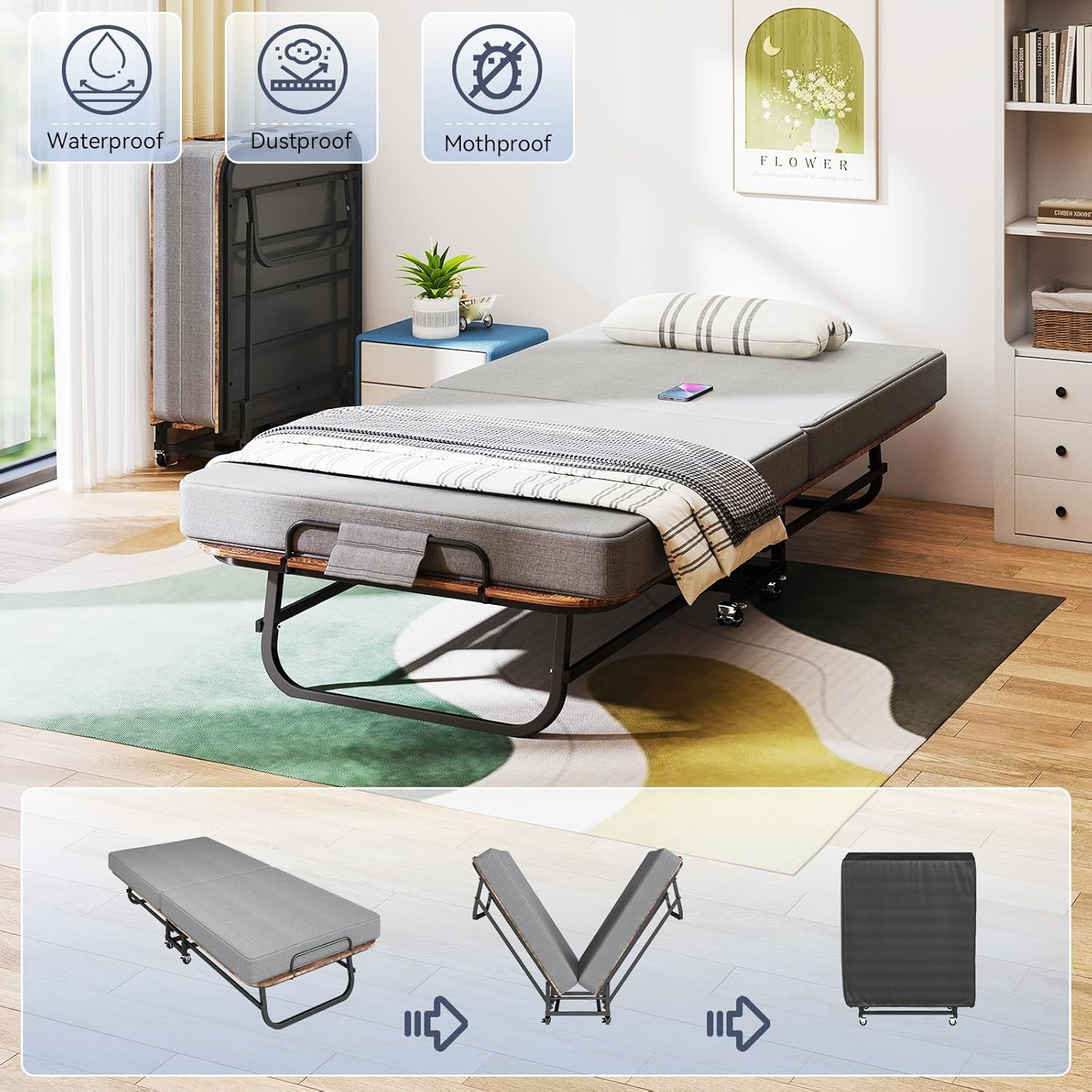 Double-sided Portable Foldable Bed Guest Bed with Memory Foam Mattress Rollaway
