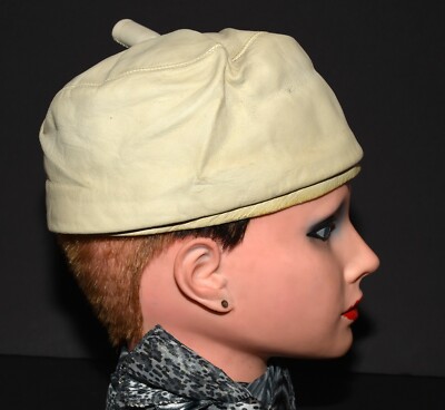 Vintage Cream Soft Leather Womens Lined Beret Hat Size Small to Medium 