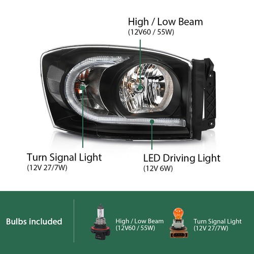 Fit For 06-09 Dodge Ram 1500 2500 3500 Black/Clear LED DRL Headlights Headlamps - 第 3/12 張圖片