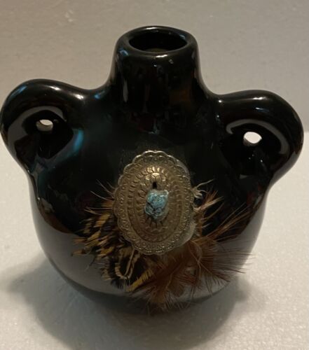 Estate Find VINTAGE BLACK POTTERY Native American Vase SIGNED 5.5'' - Picture 6 of 12