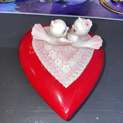 Vintage Lefton Ceramic Valentine’s Day Lg Heart Covered Dish Love Birds- RARE - 第 1/4 張圖片
