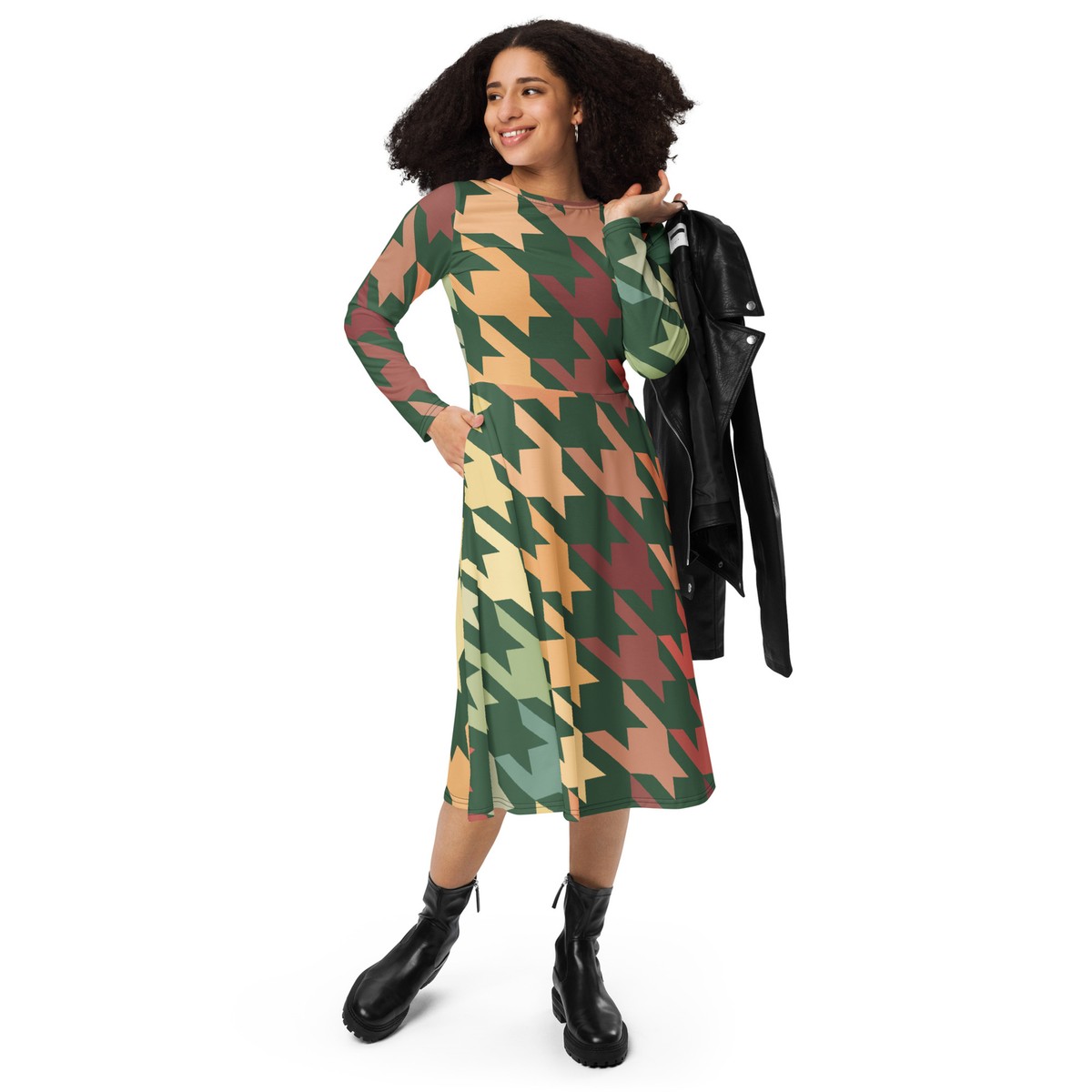 green houndstooth dress Green Houndstooth Dress – Striped Box Boutique main image 0
