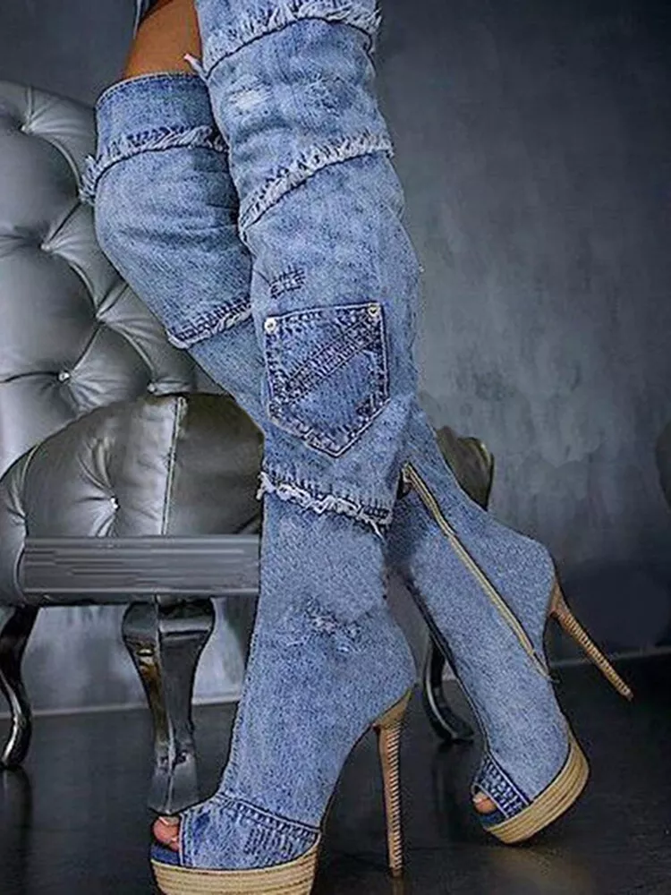 Teddy Heeled Boots - Denim - Split cowhide leather - Sézane