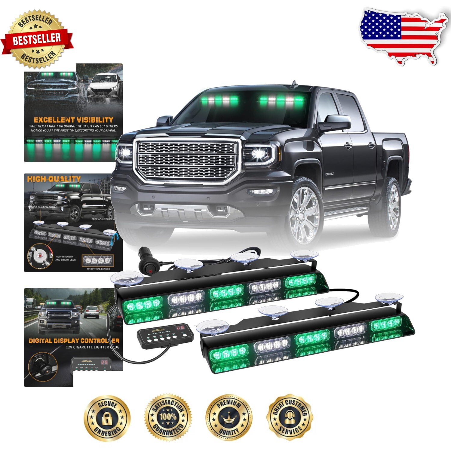 Bright Green/White Strobe Lights for Emergency Vehicles - Easy Suction Cup Mount