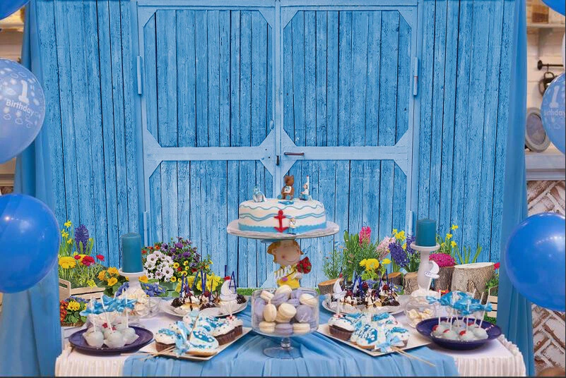 Telón de fondo azul para puerta de madera de jardín granja jardín decoración estudio fondos fotográficos Foto 3 de 4