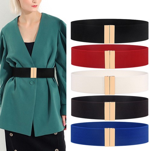 Wide Elastic Belt Down Coat Waist Belt Metal Buckle Dress Decoration Waistband - Picture 3 of 39