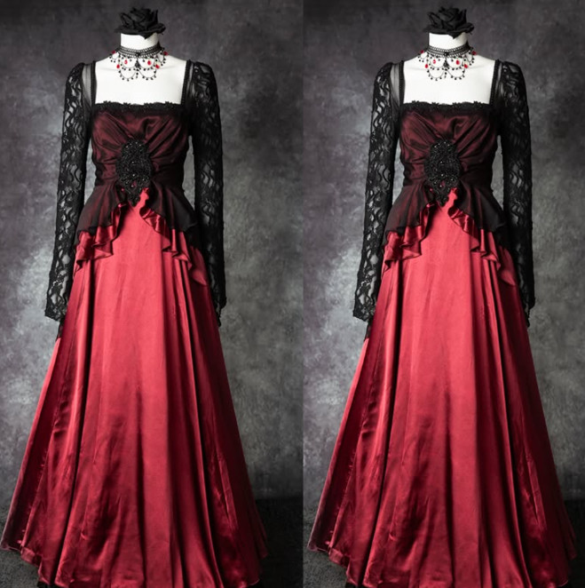 Gothic Red Black Satin Wedding Dress Long Sleeve Ruffly Square Neck Bridal Gowns