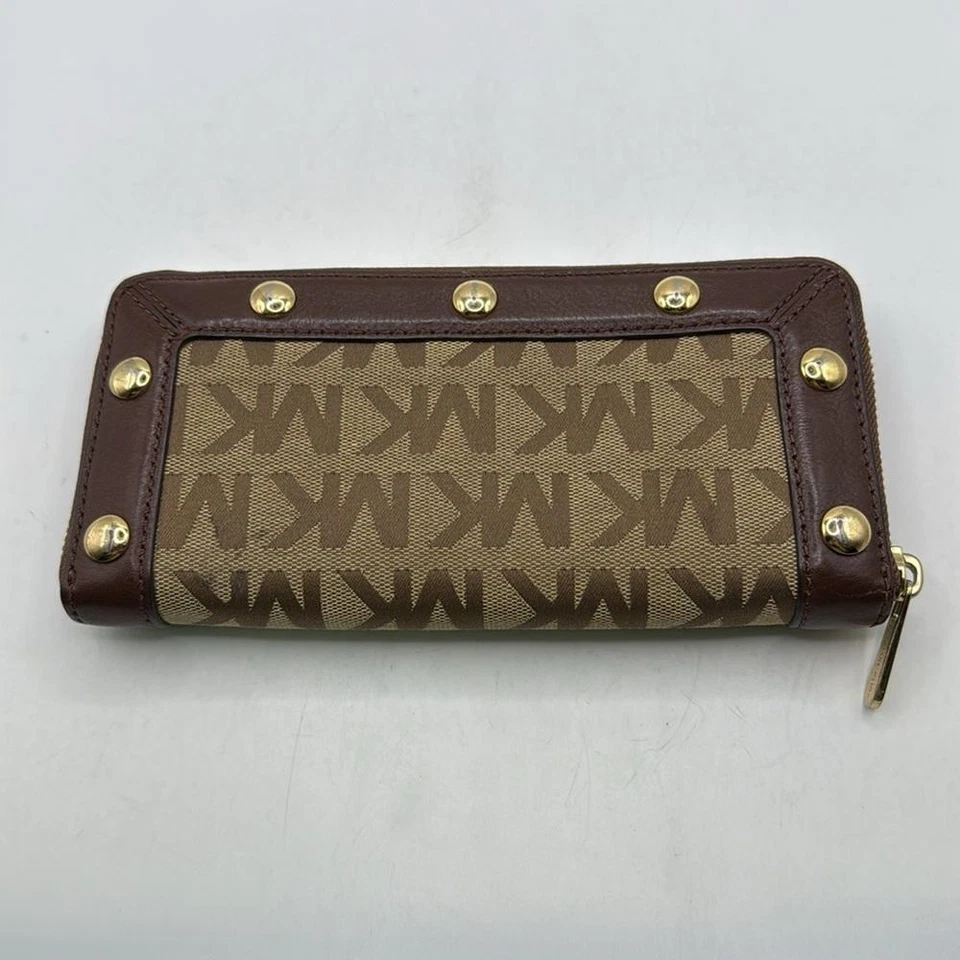 Michael Kors Delancy Signature MK Logo Leather Canvas Brown Wallet Studs Clutch - Image 2 of 4