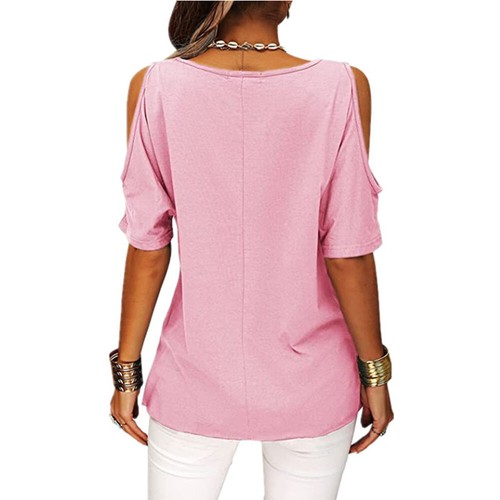 Women Cold Shoulder T Shirt Short Sleeves Tops Casual Solid Color Summer New ∷ - Picture 9 of 18