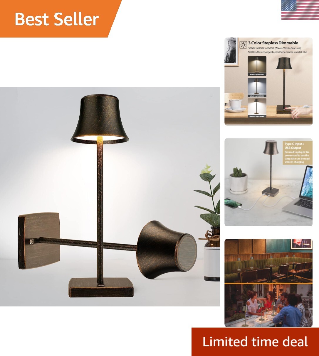 LED Desk Lamp Cordless Table Light, Rechargeable Battery Powered 3 Levels Bri...