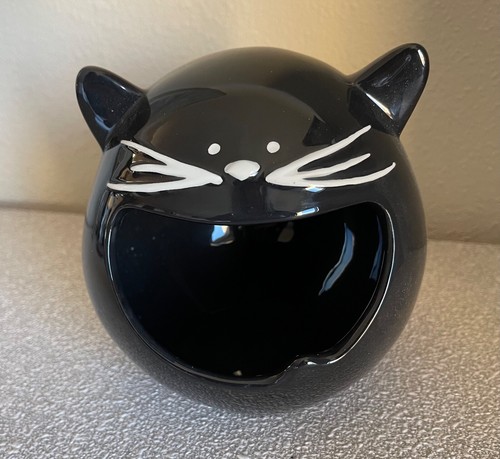 Vintage Tag Black Cat Head Big Mouth Ceramic 5" Candy Dish Holder Decor