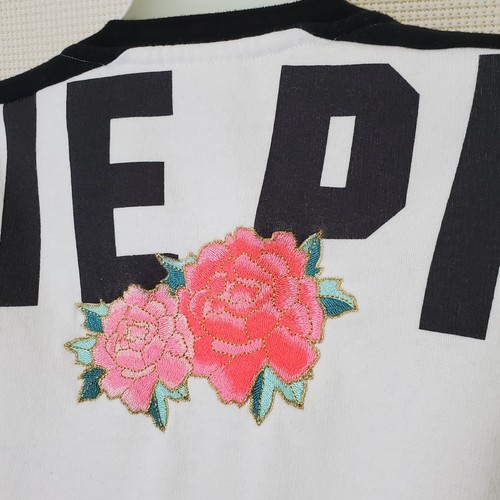 Victorias Secret PINK Sweatshirt Medium Lace Up Rose Embroidered Varsity Fleece - Picture 9 of 12