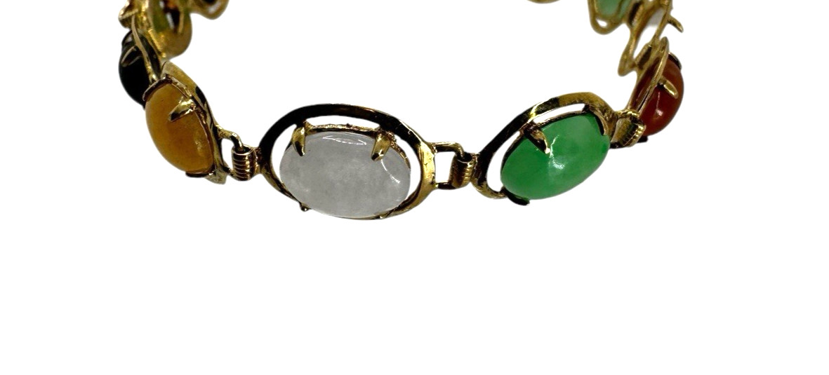 Solid 14K Yellow Gold Multi Colored Jade Cabochon… - image 4