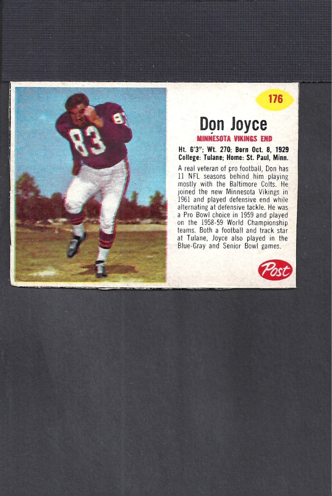 Don Joyce #176 Football Cards 1962 Post Cereal trading card — raw and PSA graded price guide