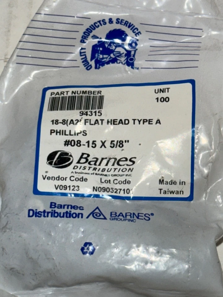 Tornillos Phillips Barnes 18-8 A2 cabeza plana tipo A #08-15x 5/8" 100PK Foto 2 de 3