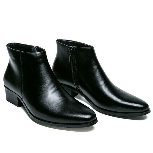 Men's British Chelsea Casual Ankle Boots Soft Leather Zip Heels Pointy Toe Shoes - Picture 4 of 6