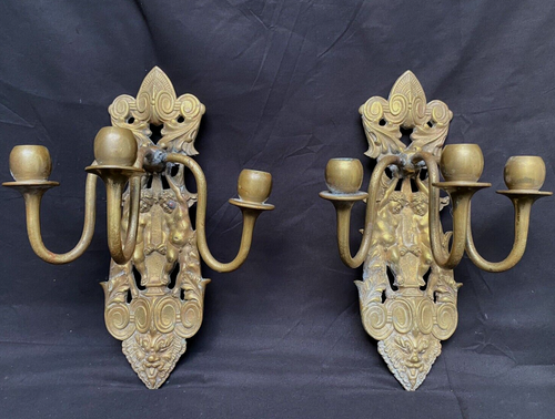 Pair 2 Antique Cast Bronze 3 arm Victorian Candle Wall Sconces 13x8x5" Cherubs - Picture 4 of 14