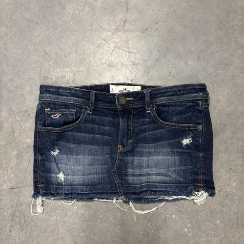 Vintage Y2K Denim Mini Skirt Low Rise Size 5 Hollister Raw Hem Dark Wash
