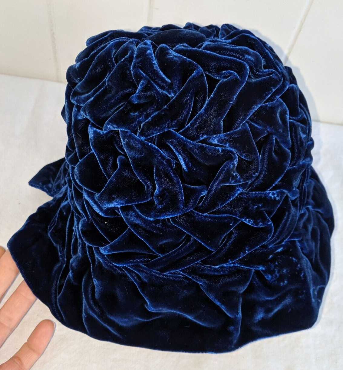 Gorgeous Vtg Ladies Blue Velvet Hat Bonnet - image 2