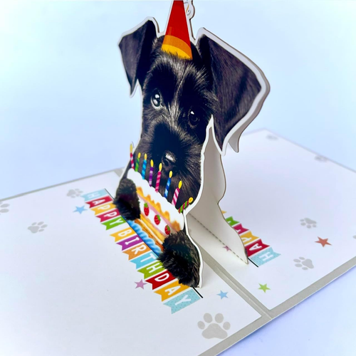 3D Pop-Up Black Schnauzer Dog Birthday Card - Dog with Cake Celebration, Whimsic - Picture 4 of 12