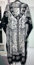 NWT MUU MUMU 2X 3X SANTE KAFTAN CAFTAN DRESS BLACK WHITE GRAY 100% RAYON FRINGES