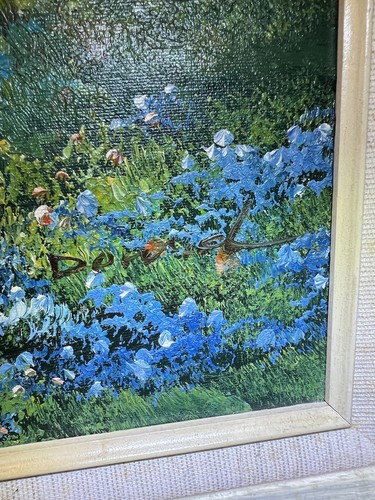 Signed DERRICK? Vintage Mountains Trees Cottage Flowers Oil Painting 30x27 24x20 - Picture 11 of 19