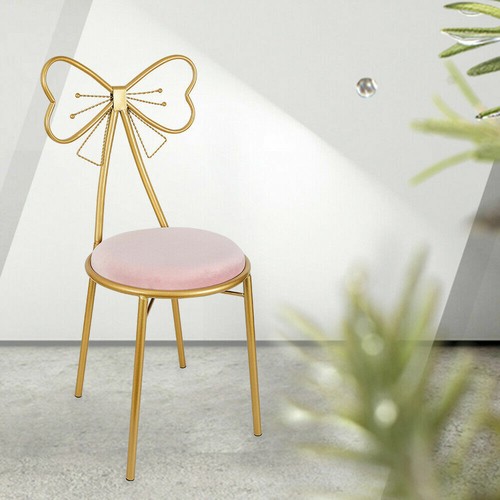 Vanity Makeup Stool Seat Pink Velvet Chair W/Backrest Bedroom Butterfly Stool - Picture 1 of 11