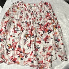 Lucky Brand Floral Pleated V-Neck Long Sleeve Blouse White Multicolor Size M
