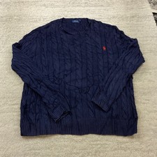 VTG Polo Ralph Lauren Cable Knit Sweater XL Blue Red Pony Hand Knit Frame 90s