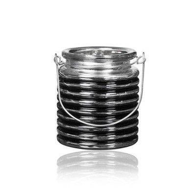 SANDRA RICH, GLAS-LATERNE VASE BLACK RELIEF Silber verspiegelt SCHWARZ 9cm.