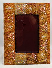 Beaded Embroidered Fabric Picture Frame Boho Gold Thread Seed Bead 4"x6" Picture