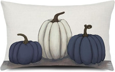 Fall Pillow Cover 12x20 inch White Navy Blue Pumpkins Throw Pillow Cushion Case