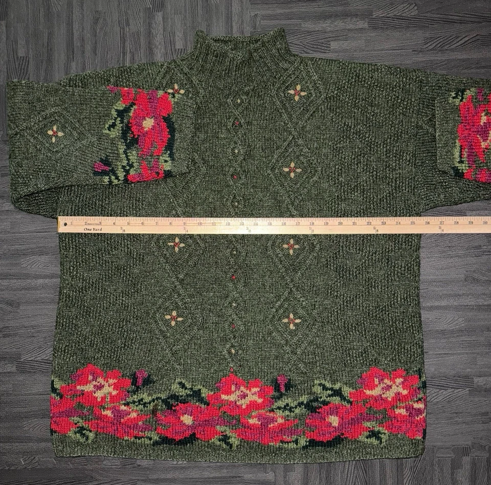 Suéter de malha LL Bean floral cabo GG 100% lã verde pescoço simulado vintage anos 80 raro - Imagem 4 de 4