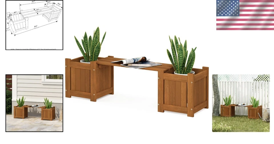 Outdoor Hardwood Planter Bench Set with 2 Planters and Seat - Image 2 of 4