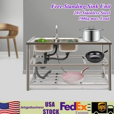 Commercial Stainless Restaurant Kitchen Sink Faucet  Drainboad Set Double Bowl