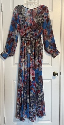Spy Zone Exchange Chiffon Multicolor  Blue Pink Floral Maxi Dress Size Small