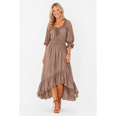 Joyfolie Gwenelle Dress Size M Heather Oak High-Low Ruffle Boho Maxi NWT