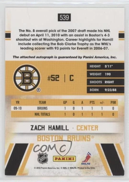 2010-11 Score Hot Rookies Signatures Zach Hamill #539 Rookie Auto RC - Image 2 of 2