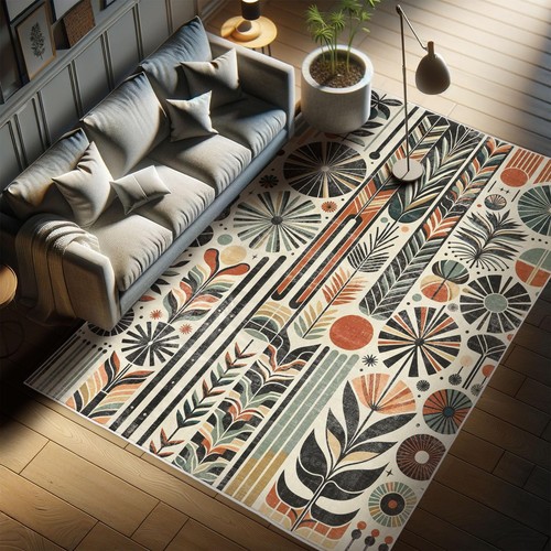 Bohemian Decorative Rug, Retro Mid Century Inspired Abstract Patterns on Ivor...
