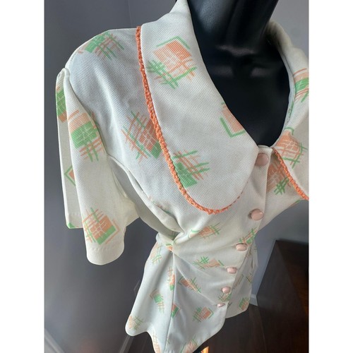 Vintage 70s Skirt Set Short Sleeve Peplum Button Up Top & Skirt Mod Style - Picture 4 of 6