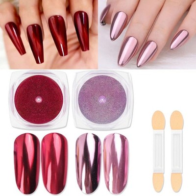 evpct 2Pcs Red Rose Gold Metallic Mirror Effect Chrome Nail Powder Kit for Nails