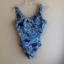Lands' End Women's SlenderSuit Wrap One Piece Sz 10 DDD Blue Paisley Underwired