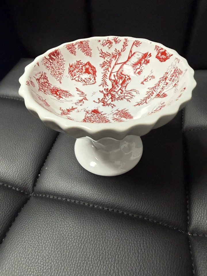 Mud Pie Christmas Compote Pedestal Dish Santa Toile Pattern Cottage Farmhouse - Image 4 of 4