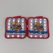 Vintage 2pc Set Liberty Patriotic Teddy Bears Quilted Potholders 1612