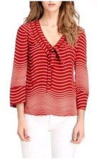 Tory Burch 14 Red Striped Tie Front V Neck Blouse 3/4 Sleeve 100% Silk Preppy