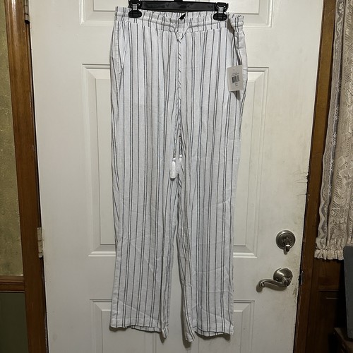 Ellen Tracy Striped Linen Blend Wide Leg Pant Drawstring Waist Tassels Size Med