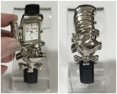 1997 Dr. Seuss Cat in the Hat Flip-Top Watch Black Leather Band - Needs Battery