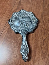 Antique Art Nouveau Hand Mirror Silver Plate Empire Floral Repousse Vanity 10"